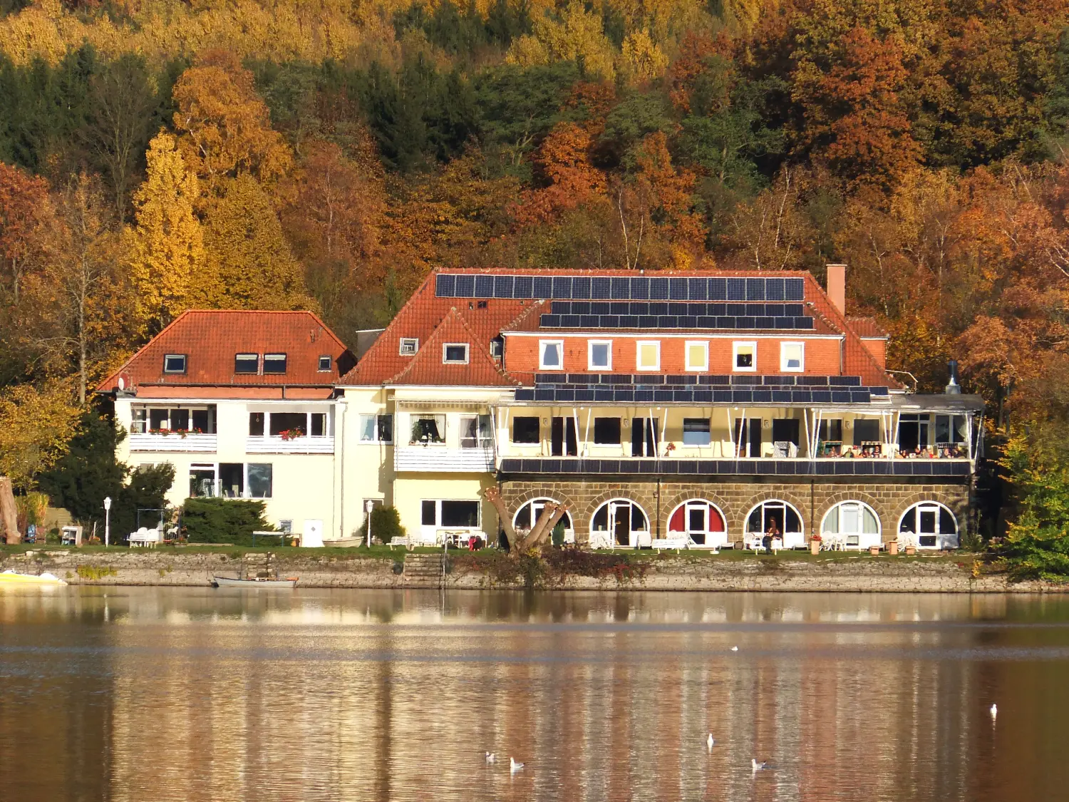 Strandwiese mit Blick auf den Möhnesee und den Arnsberger Wald vom Strandhof Möhnesee